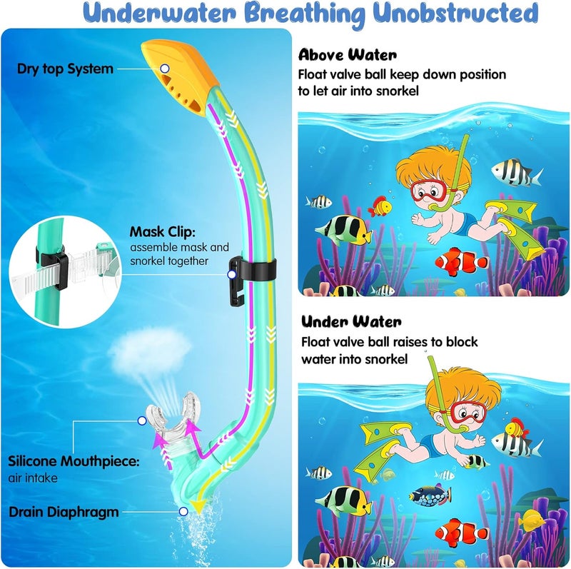 Seovediary Kids Snorkel Set, Mask Fins Snorkeling Gear for Kids Anti-Fog Swim Goggles 180 Panoramic View Dry Top Snorkel and Dive Flippers Combo with Travel Bag for Snorkeling Training Swimming Diving - Image 3